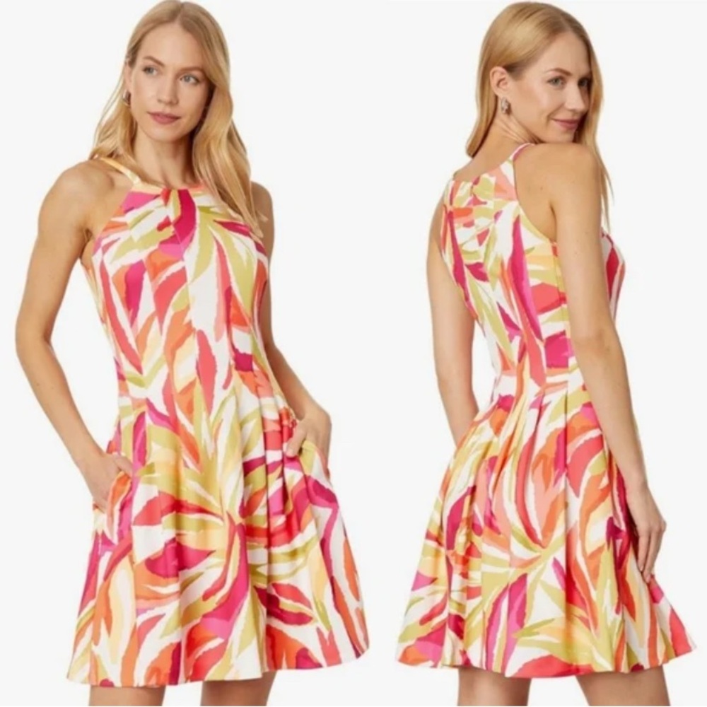 NWT Vince Camuto Abstract Tropical Print Fit & Flare Dress Size 14 Pockets